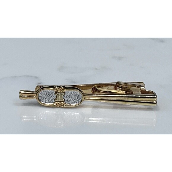 Celine Tie Clip Gold Tone Silver Tone Double C Logo Vintage - Picture 9 of 12